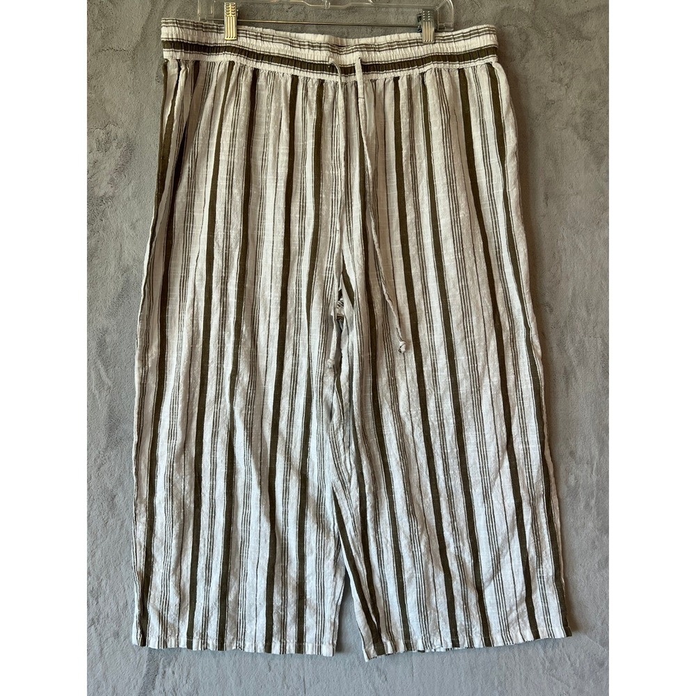 Mlle Gabrielle 2X Women's Striped Linen Blend Wide Leg Cropped Pants